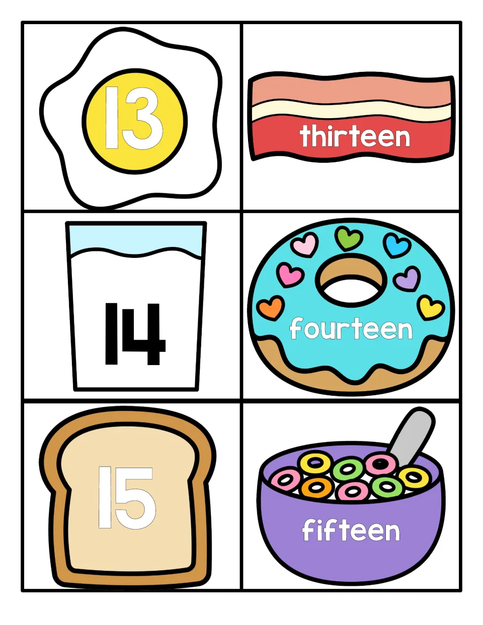 Teen numbers 13 to 15: egg, milk and toast numerals pair with the spelled words thirteen, fourteen and fifteen