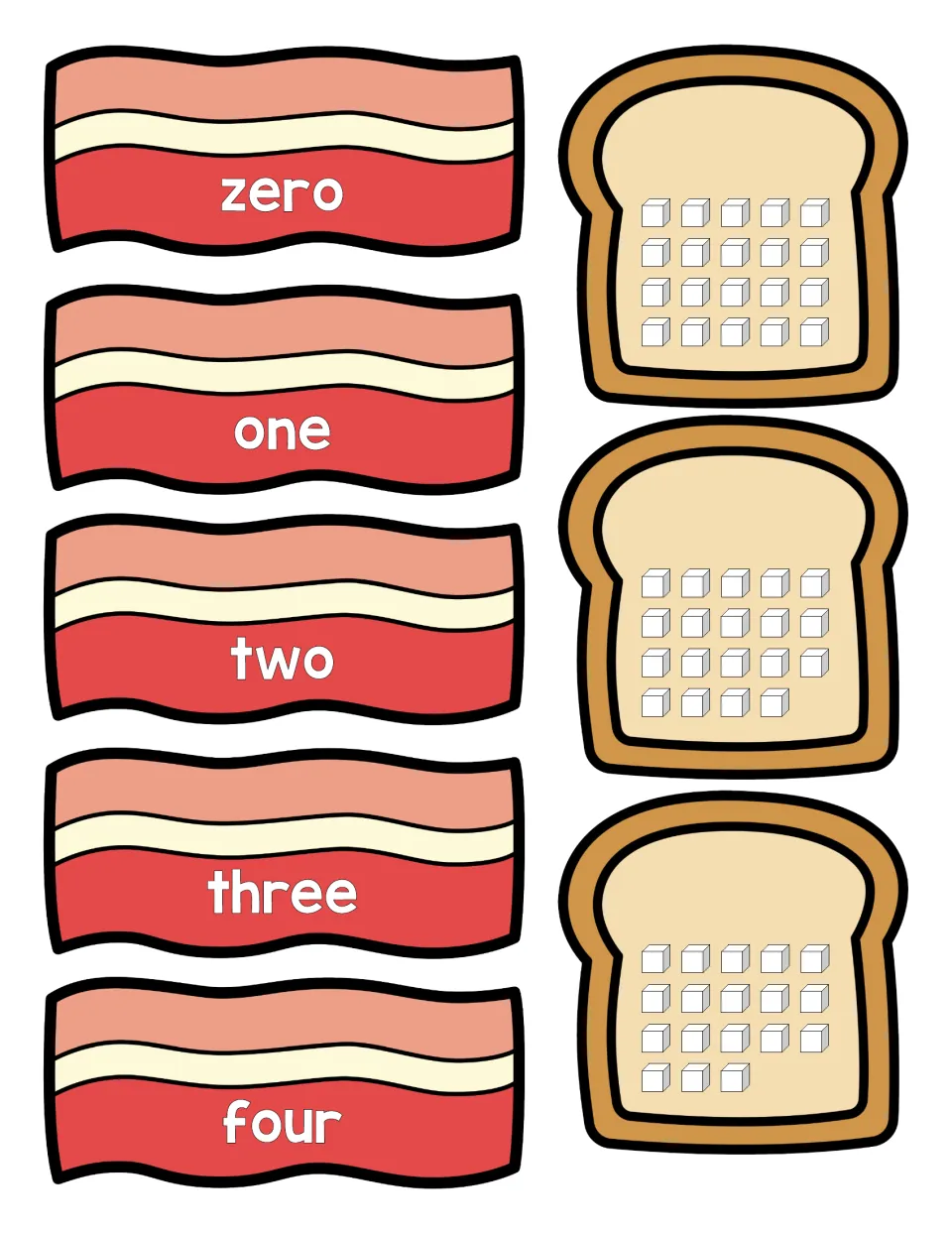 Number word cut-outs: bacon strips reading zero to four, plus toast cards showing 20, 19 and 18 cubes to count