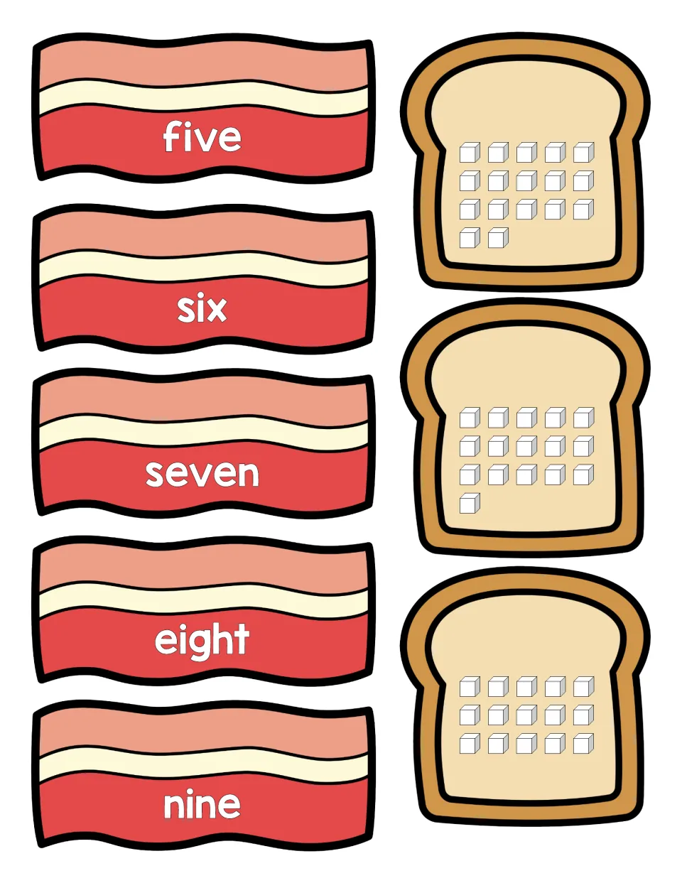 Number word cut-outs: bacon strips reading five to nine, plus toast cards with 17, 16 and 15 cubes to count and match