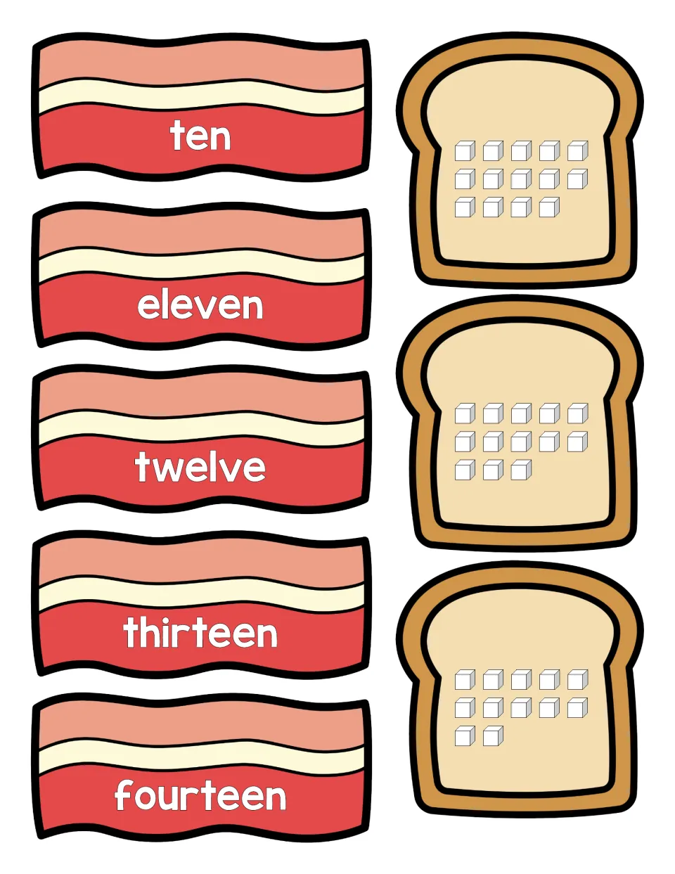 Number words ten to fourteen on bacon strips, with toast cards showing 14, 13 and 12 cubes to count and match