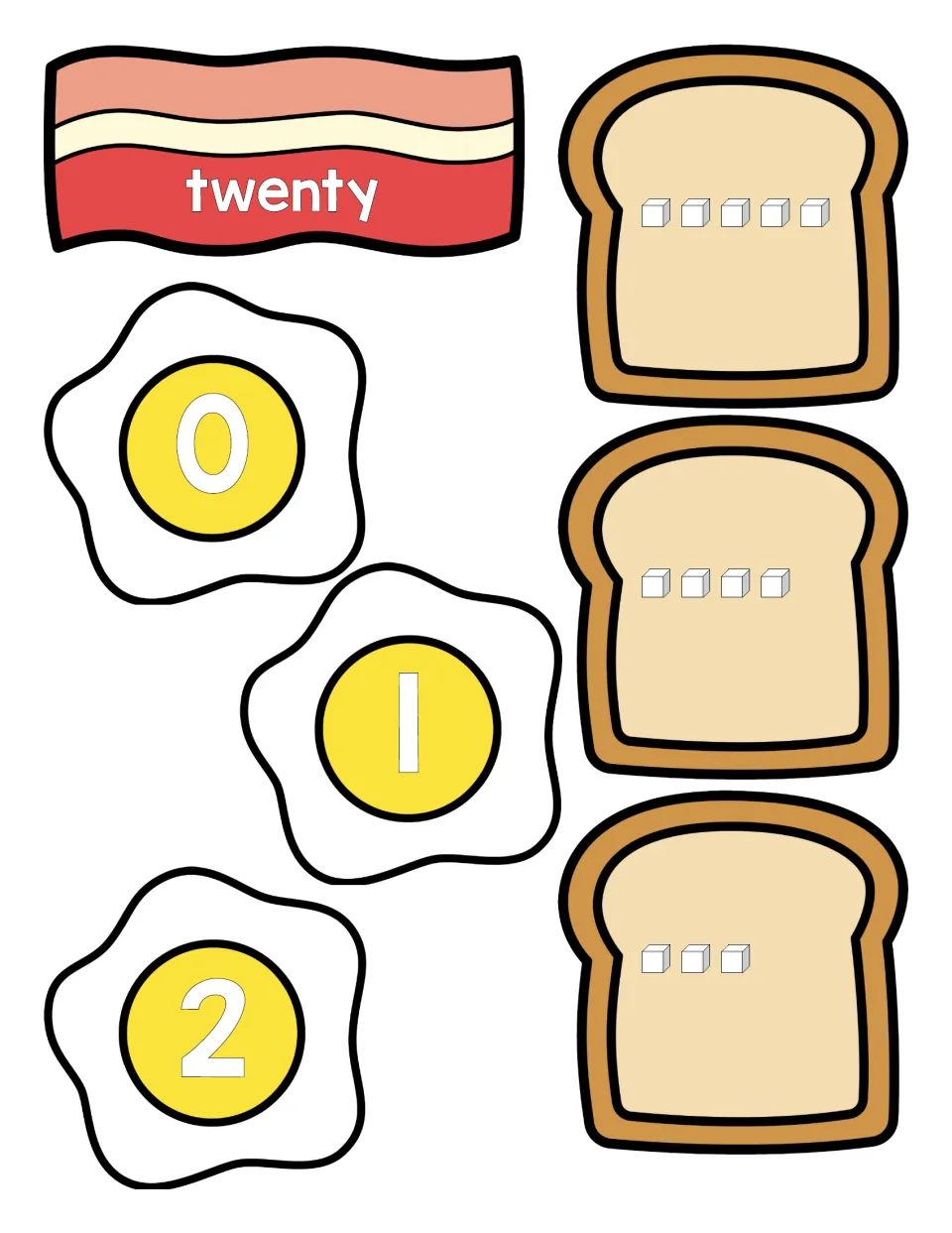 Cut-outs: a twenty bacon strip, fried eggs with numerals 0, 1 and 2, and toast cards with 5, 4 and 3 cubes to count