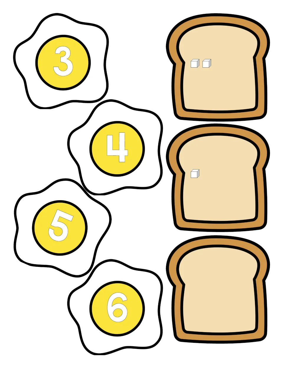 Numeral cut-outs: fried eggs showing 3, 4, 5 and 6, plus toast cards with 2 cubes, 1 cube and no cubes to count