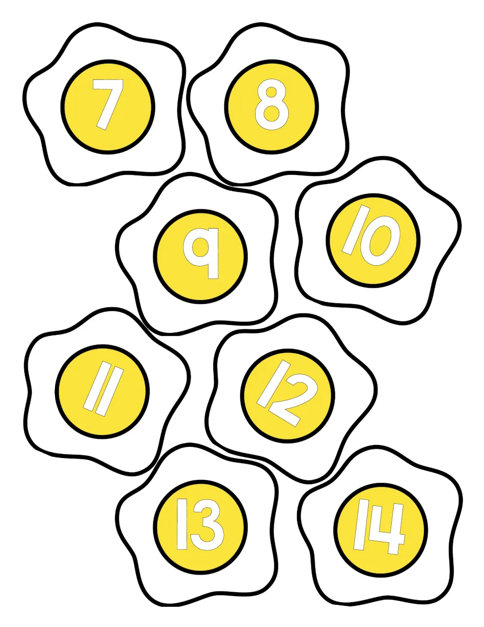 Numeral cut-outs: eight fried eggs showing the numerals 7 through 14 for matching to words and quantities