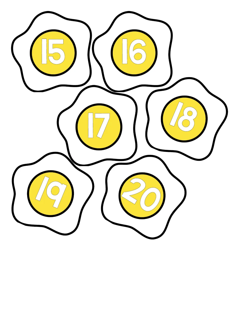Numeral cut-outs: six fried eggs showing the numerals 15 through 20 to pair with bacon number words and toast cube sets