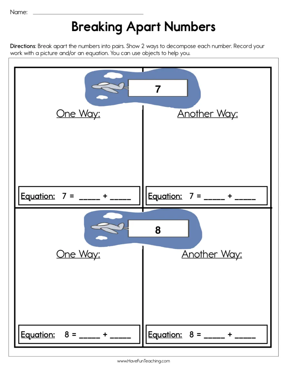 Decomposing 7 and 8: students show two ways to break each number into a pair, using a picture and an addition equation