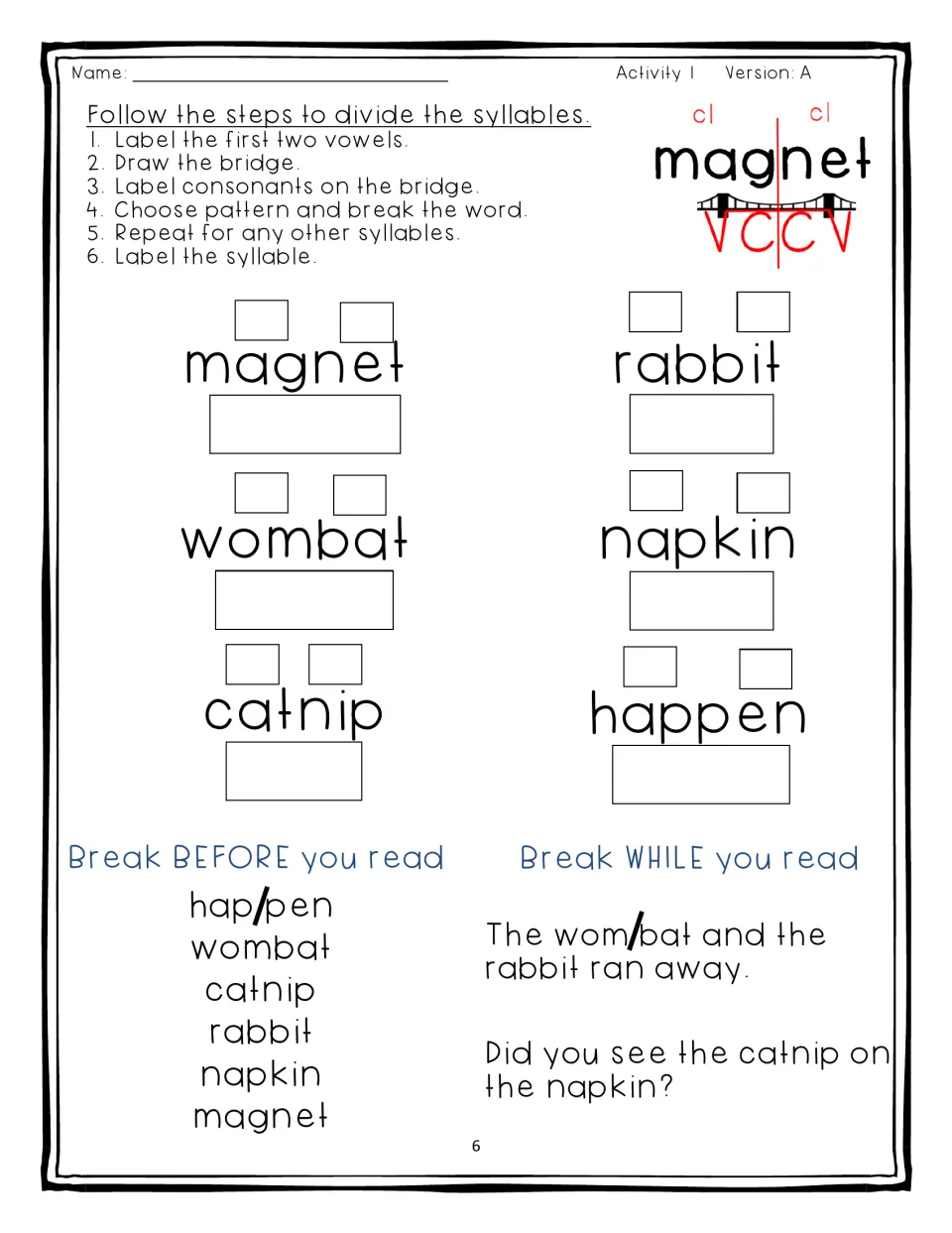 Activity 1, Version A: students divide magnet, rabbit, wombat, napkin, catnip and happen into VC/CV syllables, then read