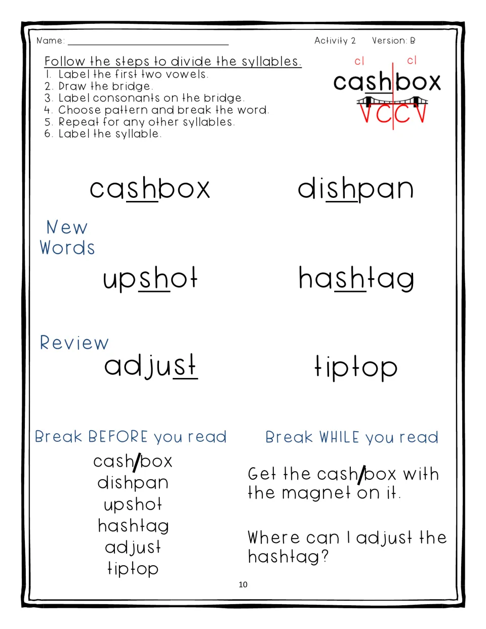 Activity 2, Version B: syllable division of digraph words like cashbox and hashtag, then reading two sentences