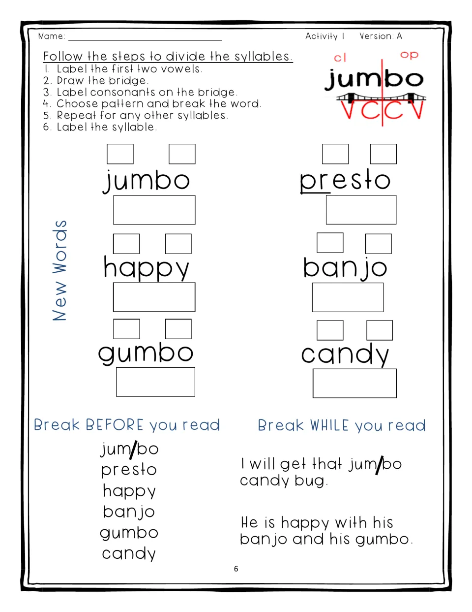 Activity 1 Version A: students divide VC/CV words like jumbo and banjo in label boxes, then break words in sentences