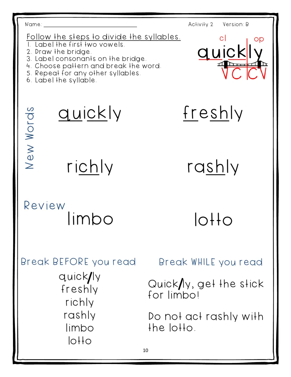 Activity 2 Version B: students mark syllables in quickly, freshly, richly and rashly with digraphs underlined, no boxes