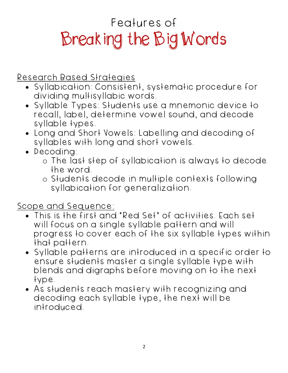Series features: research-based strategies for syllabication, syllable types, vowels and decoding, plus scope and sequence