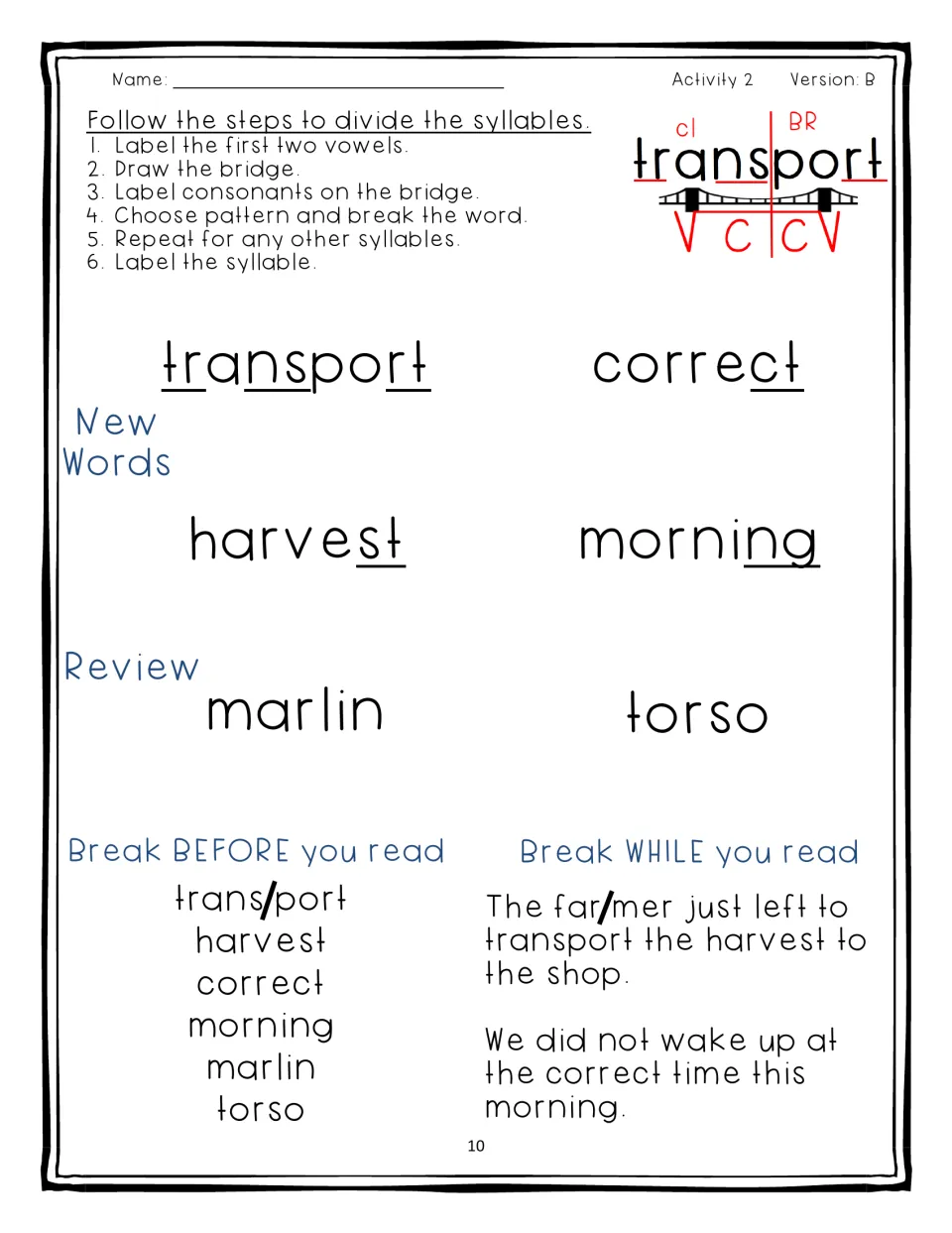 Blends practice, Activity 2 Version B: students split transport, morning and review words, then break them in two sentences