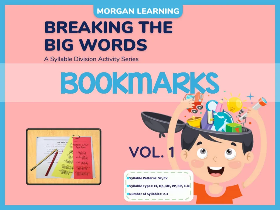 Cover of Breaking the Big Words Bookmarks Volume 1, featuring VC/CV patterns in two- and three-syllable words