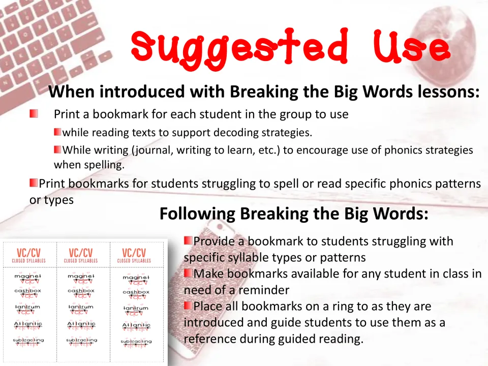 Suggested uses for syllable division bookmarks during reading, writing, and guided reading, including ring storage