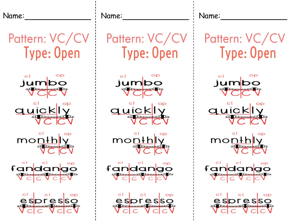 Open-syllable VC/CV bookmark, printed three times: jumbo, quickly, monthly, fandango, and espresso