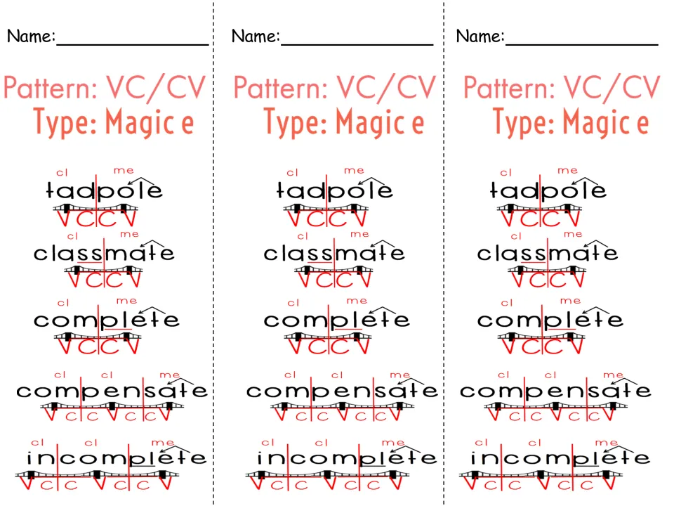 Magic e VC/CV bookmark, printed three times: tadpole, classmate, complete, compensate, and incomplete
