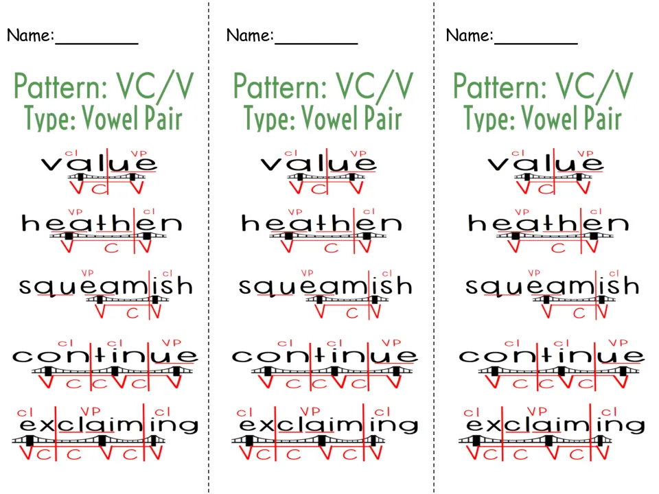Vowel pair VC/V bookmark, printed three times: value, heathen, squeamish, continue, and exclaiming
