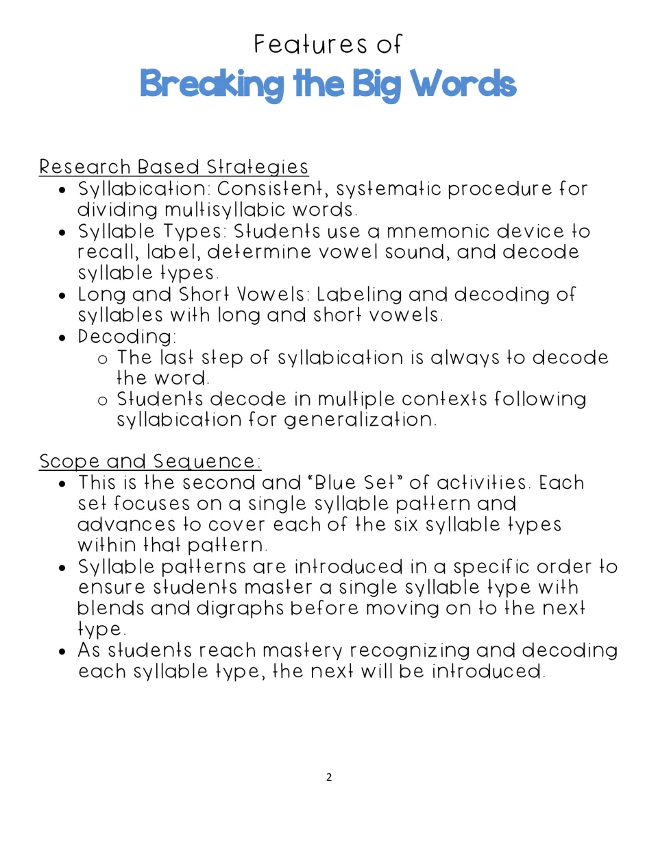Teaching overview explains syllabication, syllable types, long and short vowels, decoding, and sequence