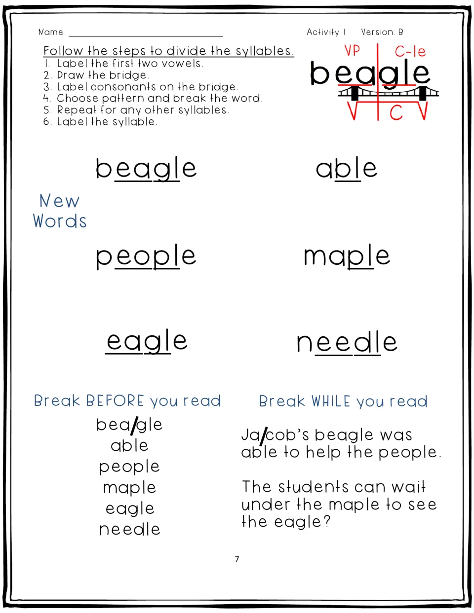 Activity 1, Version B: divide beagle, able, people, maple, eagle, and needle, then practice in sentences