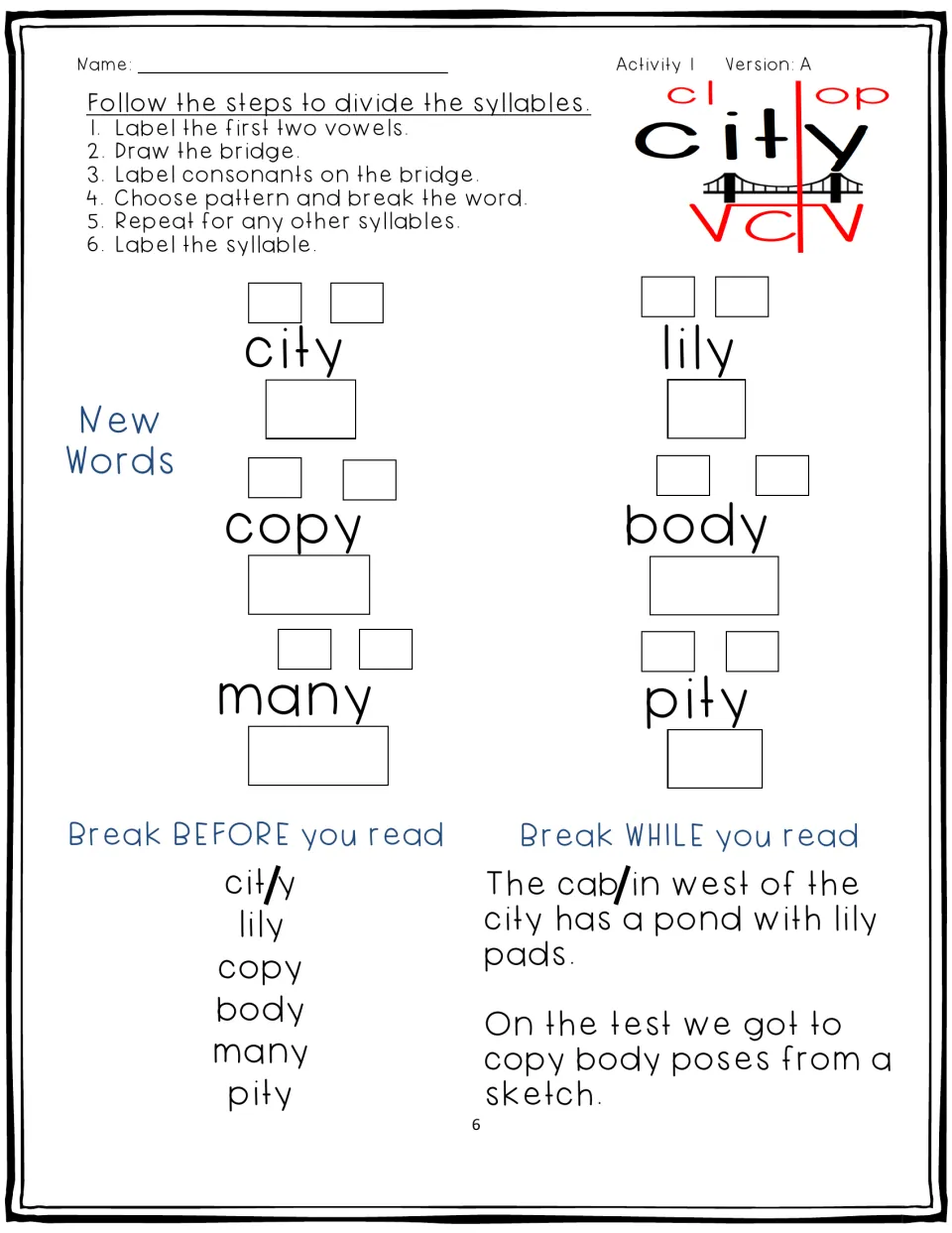 Activity 1, Version A: guided syllable division of city, lily, copy, body, many, and pity, plus sentence reading