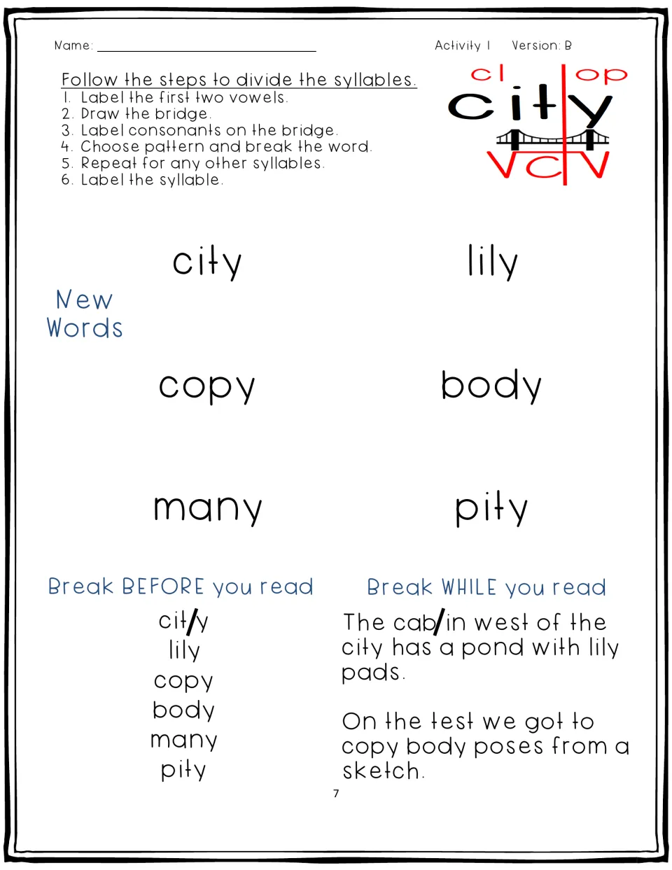Activity 1, Version B: city, lily, copy, body, many, and pity practice with a city model and two sentences