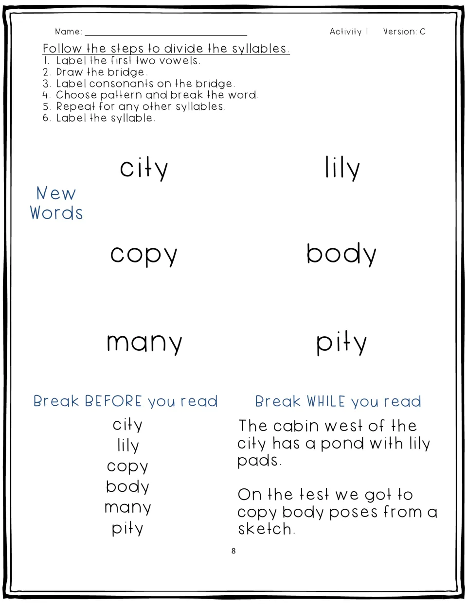 Activity 1, Version C: divide city, lily, copy, body, many, and pity, then read sentences without models