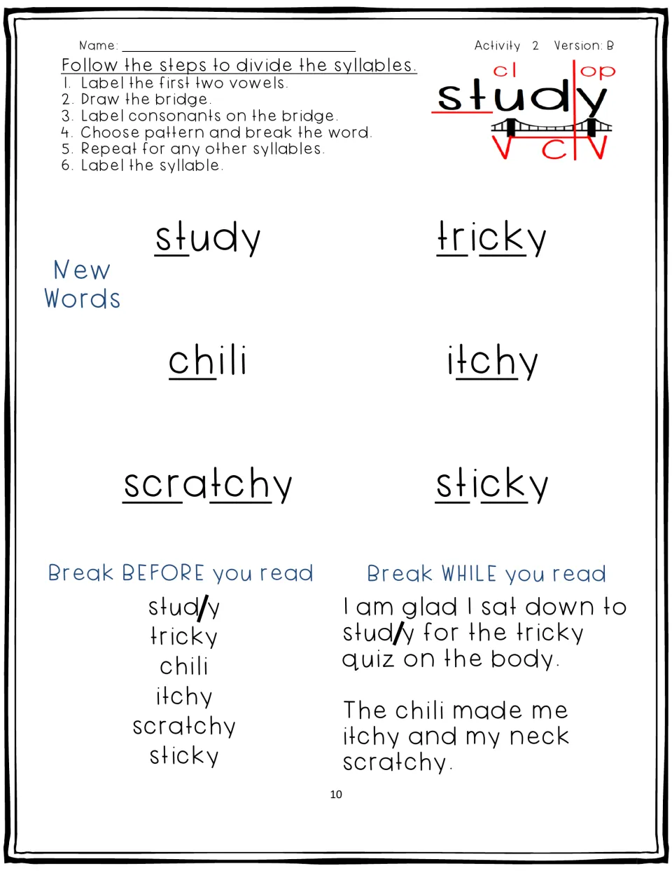 Activity 2, Version B: study, tricky, chili, itchy, scratchy, and sticky with a division model and sentences