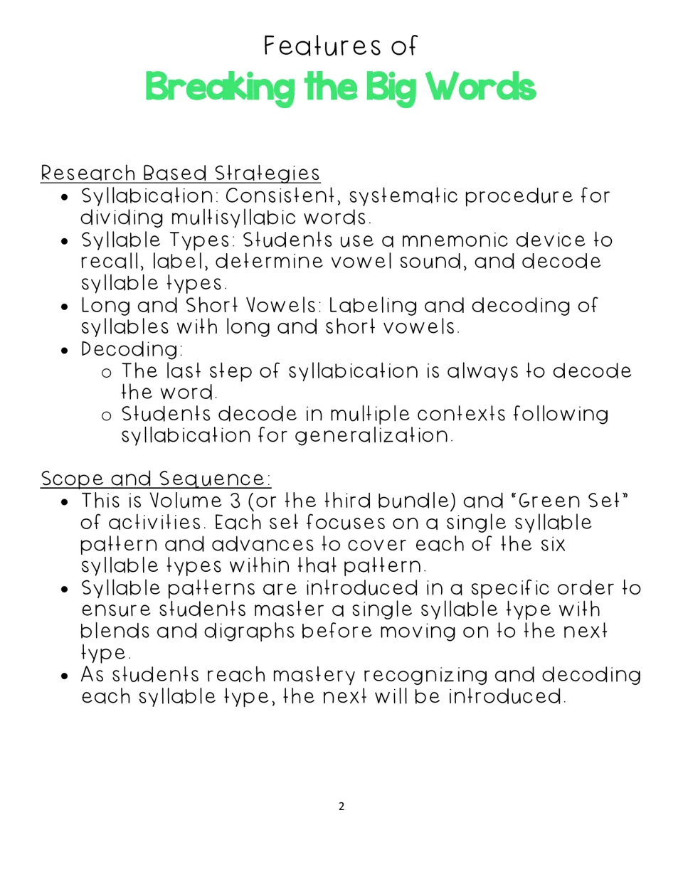 Teacher overview explains syllabication, syllable types, long and short vowels, decoding, and sequencing