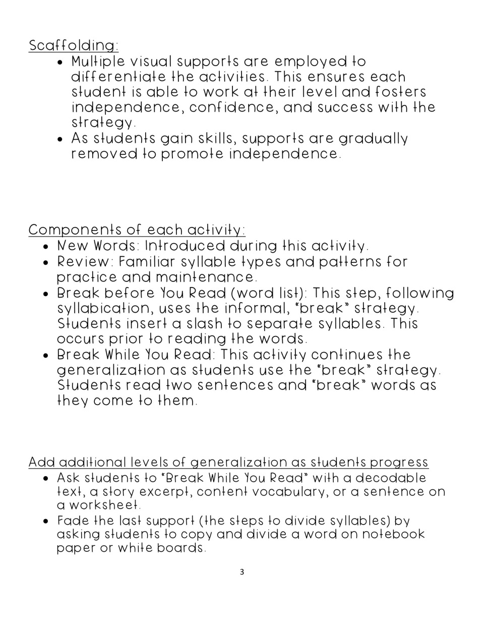 Teacher guidance explains fading supports, new and review words, and breaking words before and while reading