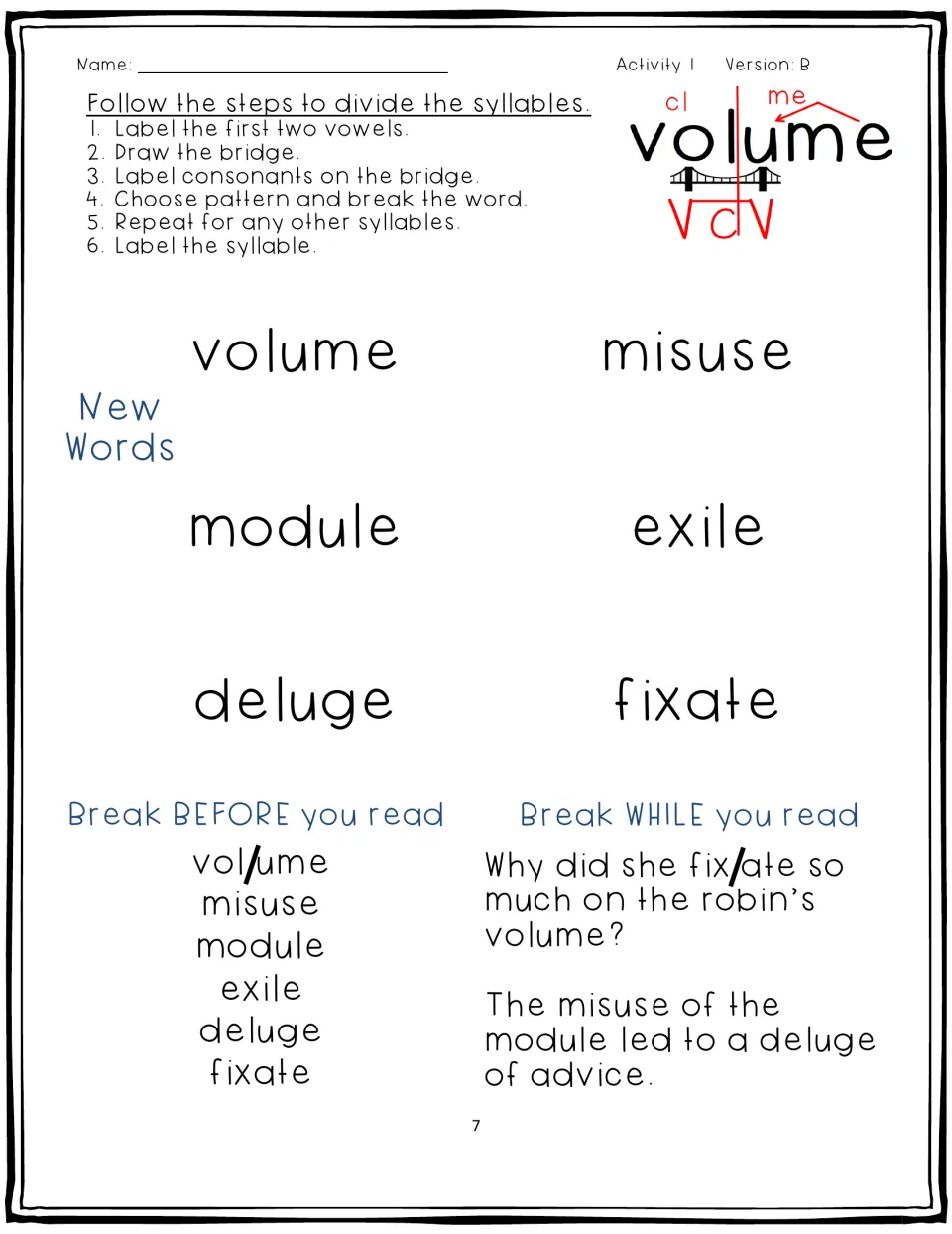 Activity 1, Version B: volume, misuse, module, exile, deluge, and fixate, with a model and sentence reading