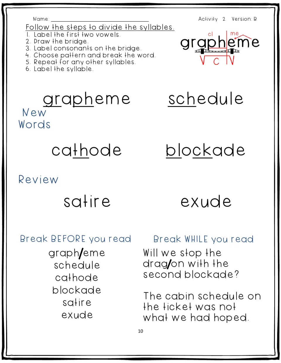Activity 2, Version B: grapheme, schedule, cathode, blockade, satire, and exude, with sentence practice