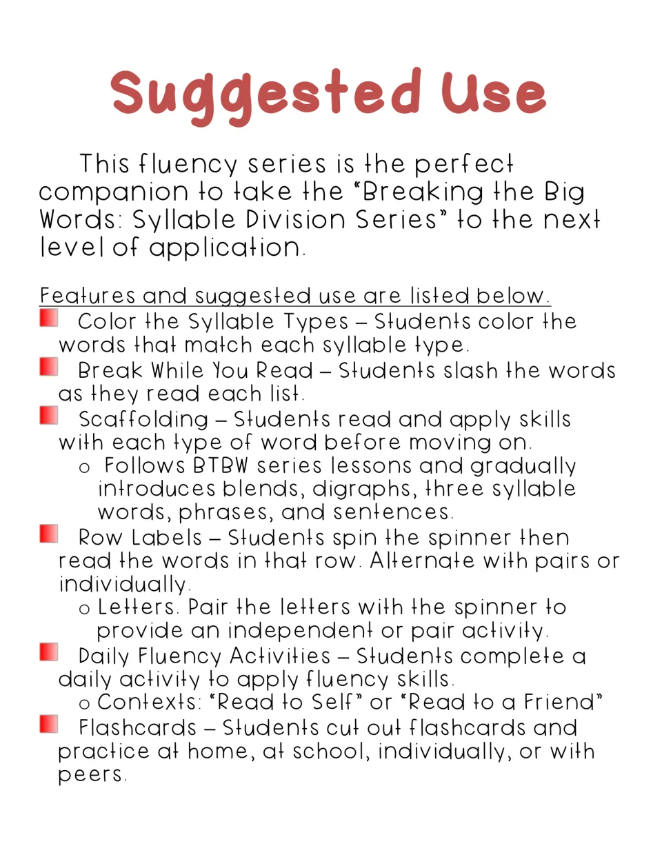 Suggested Use notes: color syllable types, slash words while reading, spin to pick a row, daily activities, flashcards