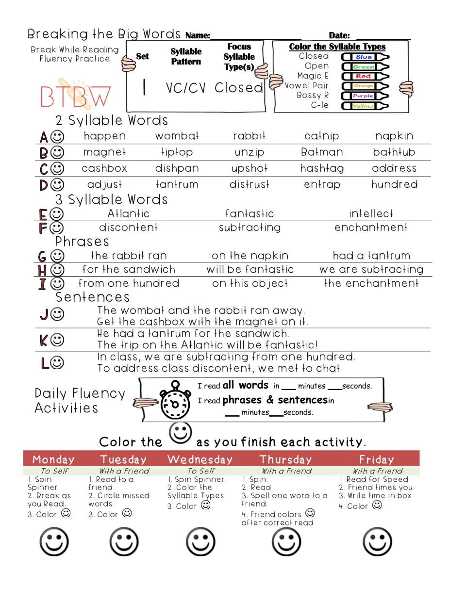 Set 1 VC/CV closed syllables: students divide and read words like napkin and Atlantic, phrases, sentences and timed reads