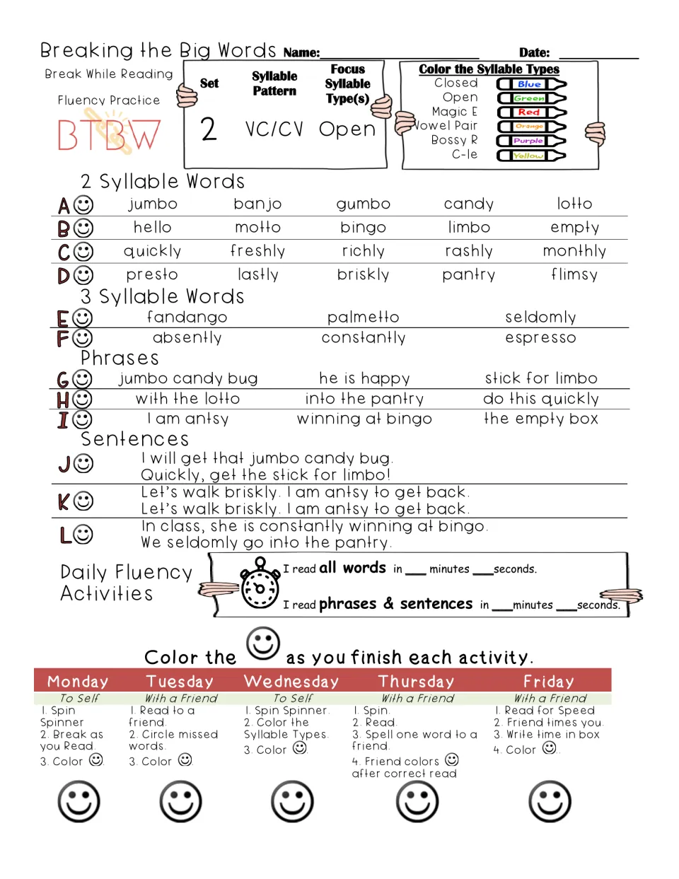 Set 2 VC/CV open syllables: students divide and read words like jumbo, quickly and espresso, then phrases and sentences