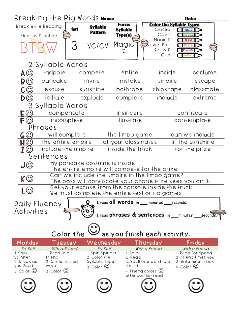 Set 3 VC/CV magic E: students divide and read words like tadpole, sunshine and contemplate, then phrases and sentences