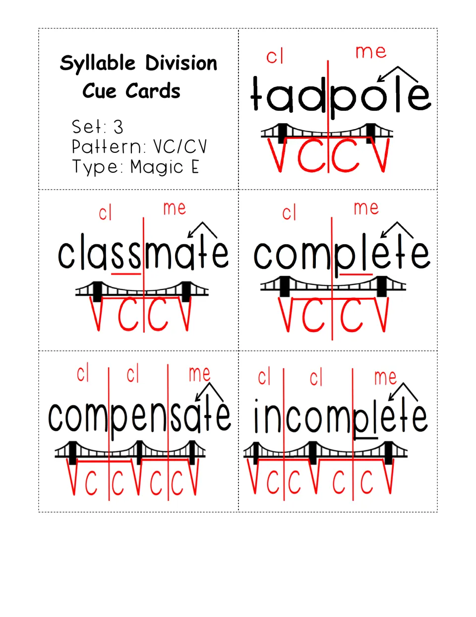 Set 3 magic E cue cards: tadpole, classmate, complete, compensate and incomplete divided, with cl and me syllables labeled