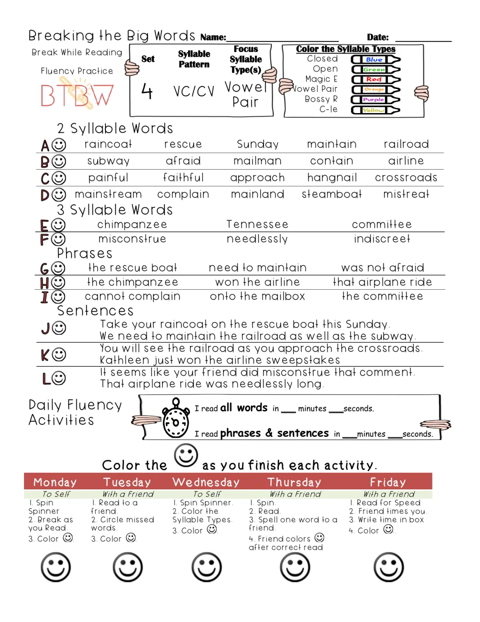 Set 4 VC/CV vowel pair: students divide and read words like raincoat, mainstream and chimpanzee, phrases and sentences