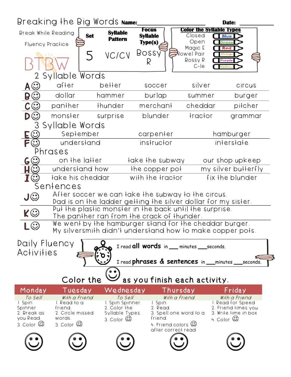 Set 5 VC/CV bossy R: students divide and read words like thunder, tractor and September, then phrases and sentences