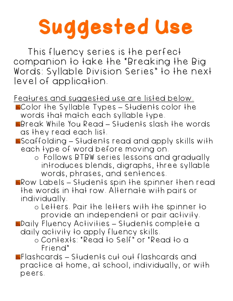 Suggested use notes: color syllable types, slash words while reading, spin for row labels, daily fluency tasks, flashcards