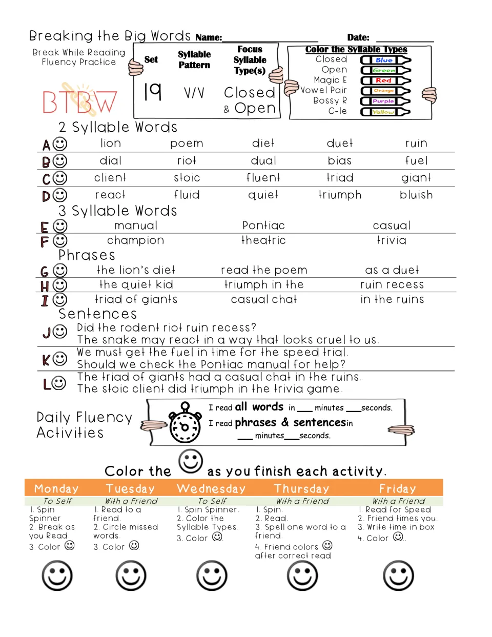 V/V set 19, closed and open syllables: students slash and read words like lion and triumph, then phrases and sentences