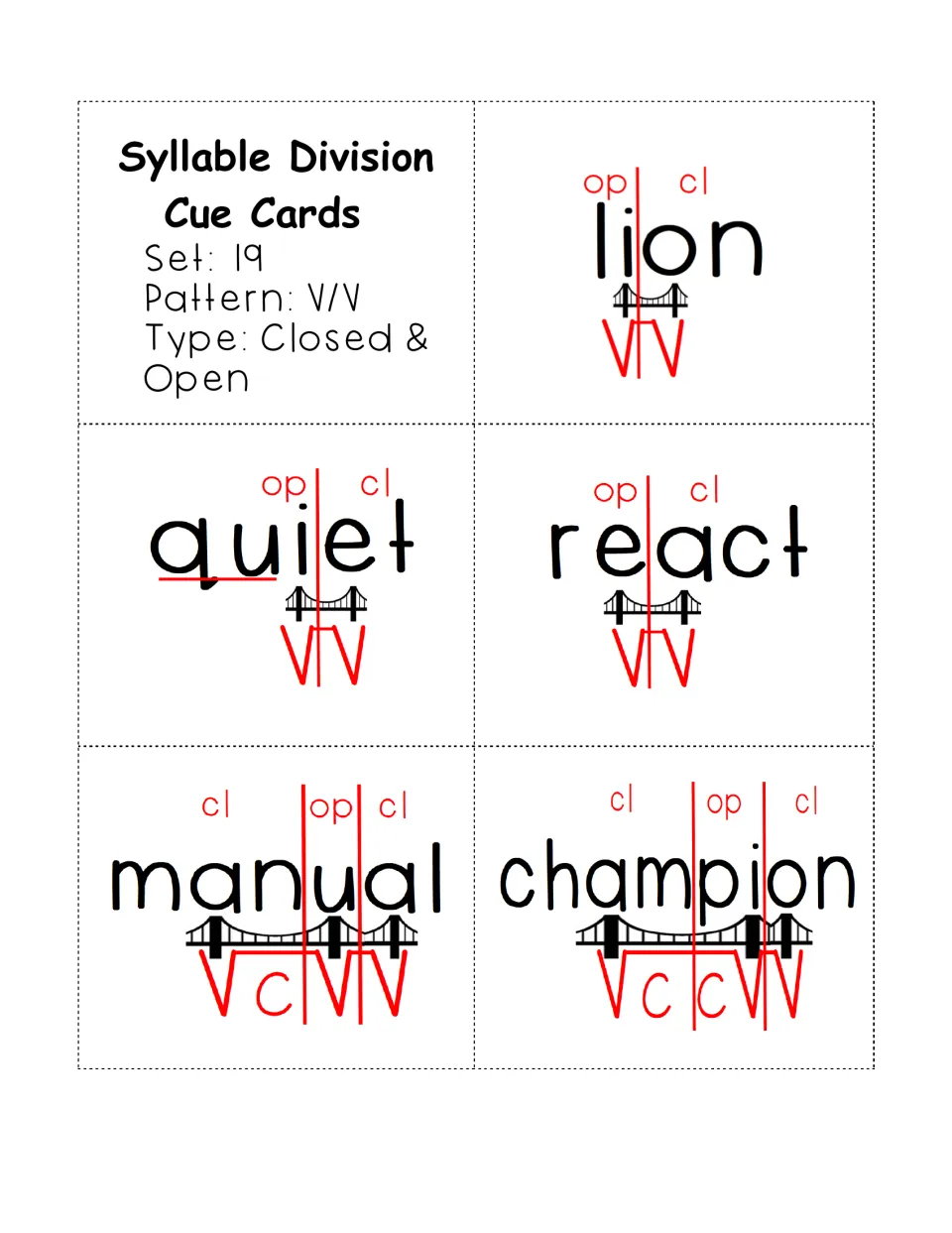 Set 19 V/V cue cards: lion, quiet, react, manual and champion split and marked as open and closed syllables