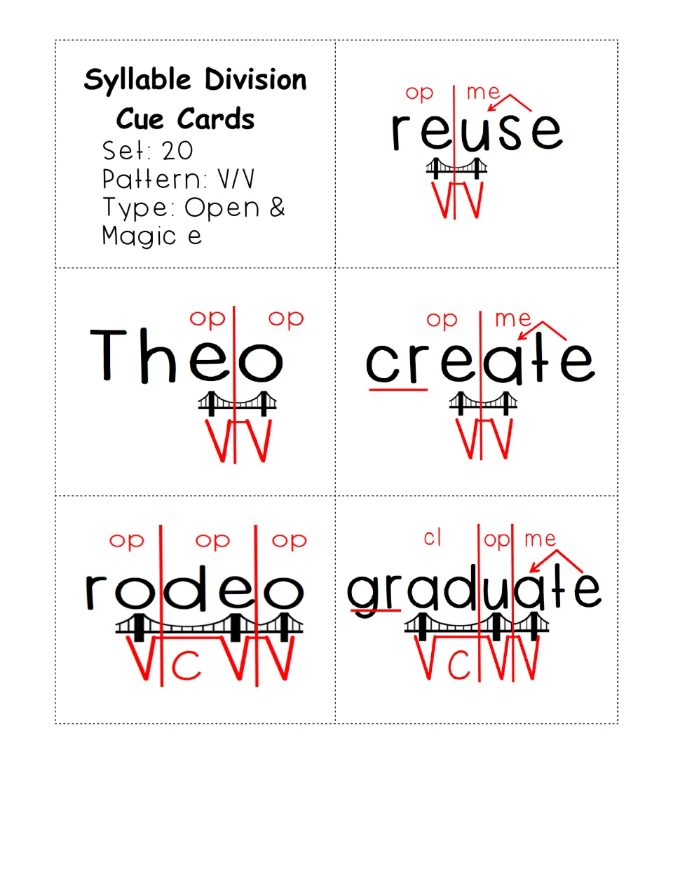 Set 20 V/V cue cards: reuse, Theo, create, rodeo and graduate split and marked as open and magic e syllables