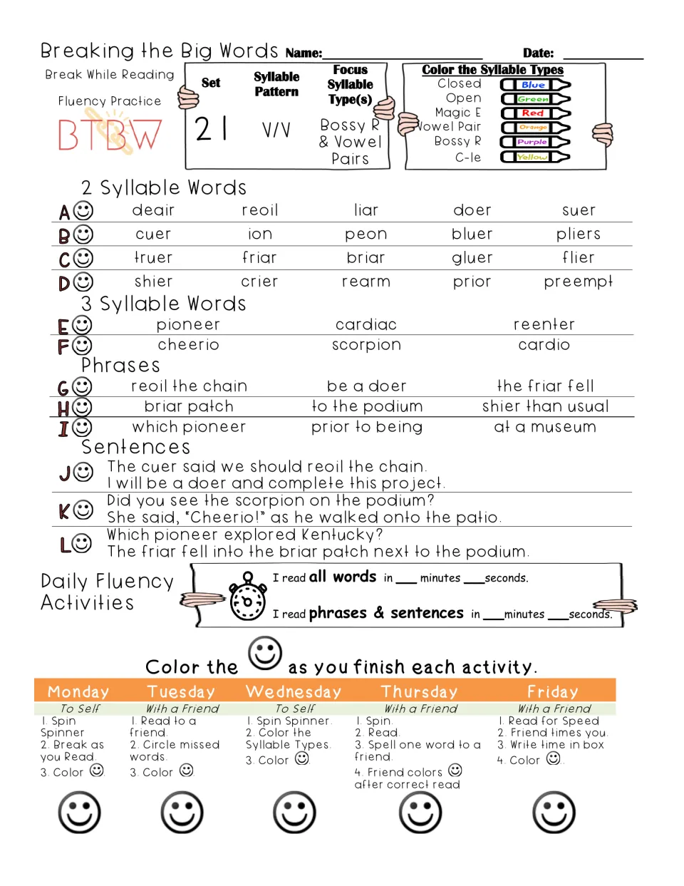 V/V set 21, bossy R and vowel pairs: students slash and read words like liar, pioneer and scorpion, plus sentences