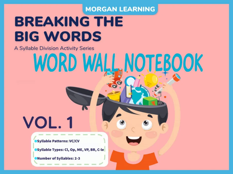 Breaking the Big Words Word Wall Notebook Vol. 1 cover: VC/CV syllable pattern, six syllable types, 2- and 3-syllable words