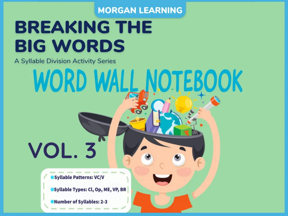 Word Wall Notebook Vol. 3 cover: VC/V syllable pattern, closed, open, magic e, vowel pair and bossy R, 2-3 syllables