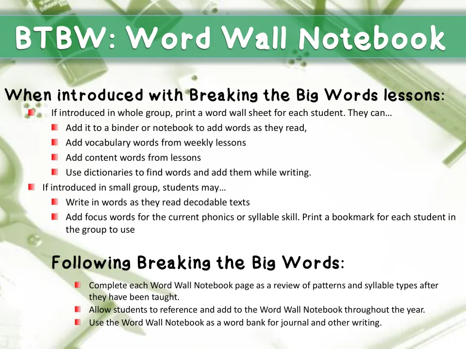 Teacher guide to using the word wall notebook in whole or small group: add words from reading, lessons and dictionaries
