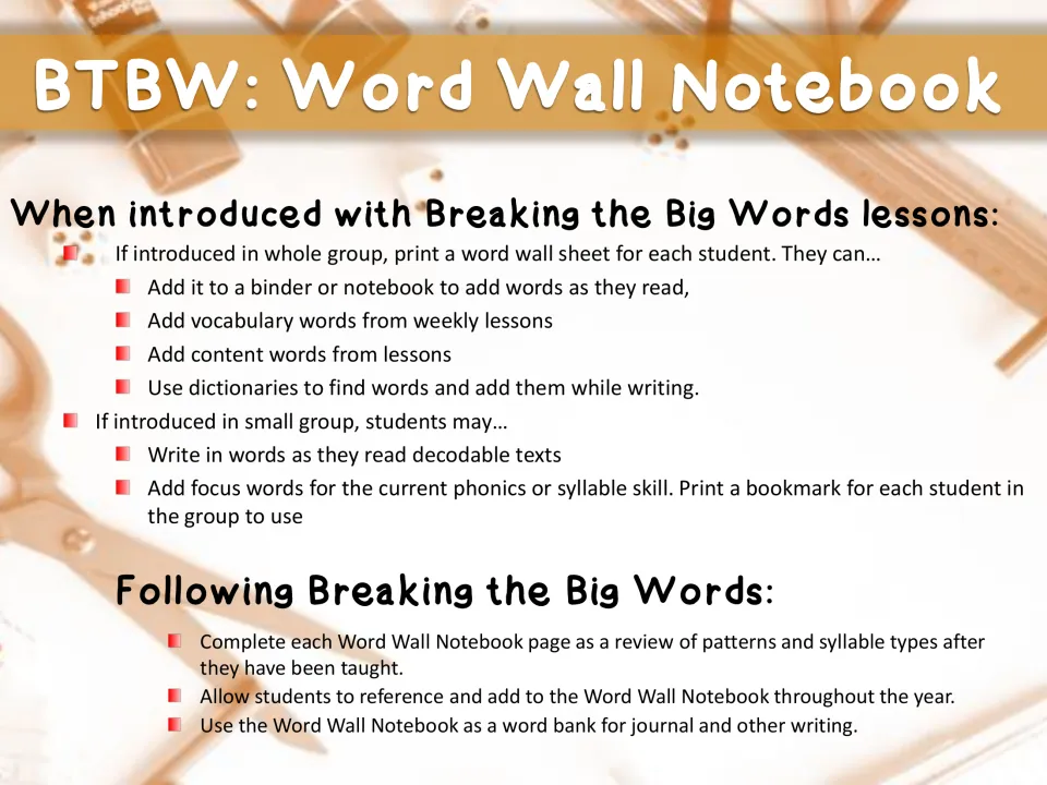 Teacher notes for the word wall notebook: ways to use it in whole group, small group and as a review after syllable lessons
