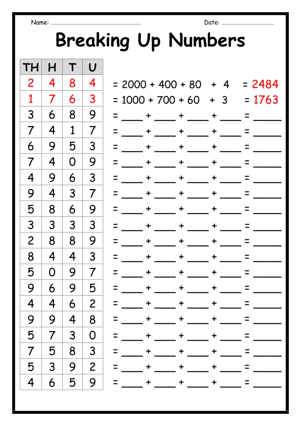 Expanded form of 4-digit numbers: students break 18 numbers into thousands, hundreds, tens and ones after 2 examples
