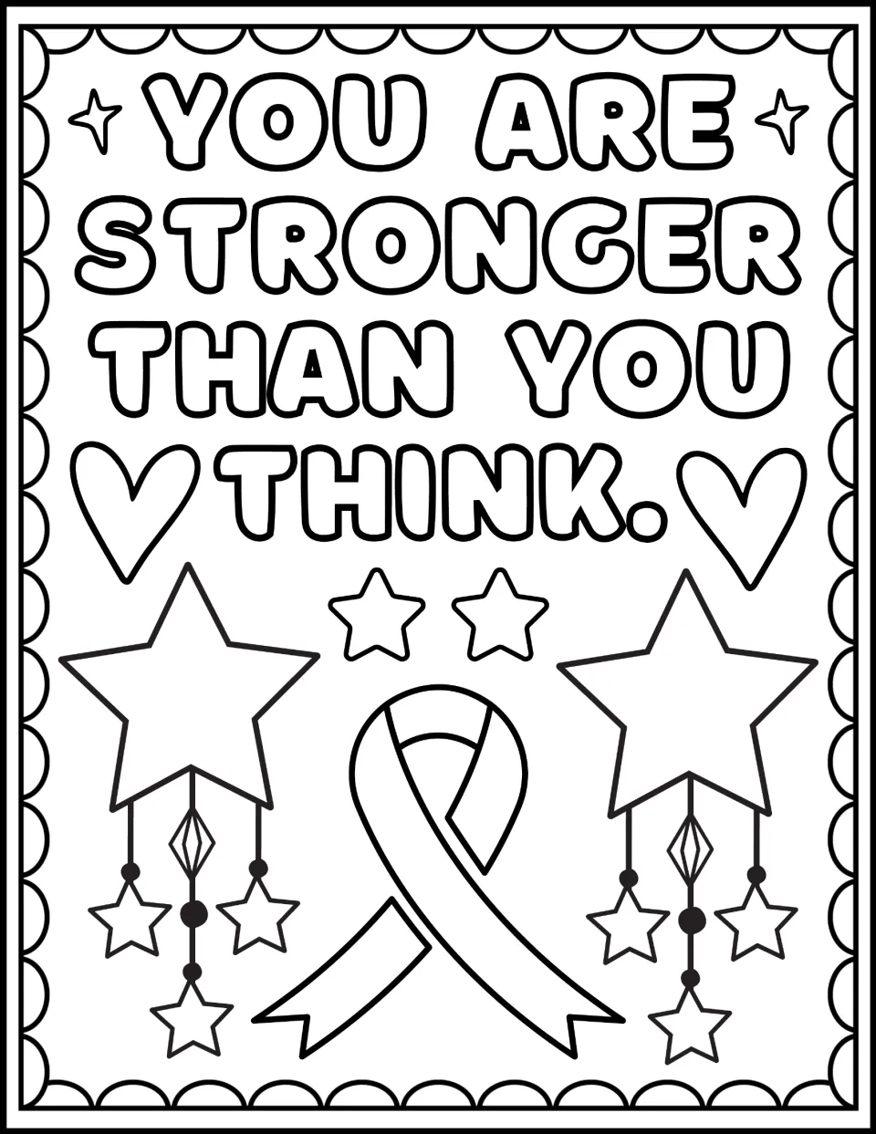 Awareness ribbon coloring: students color the quote "You are stronger than you think" with hearts and hanging stars
