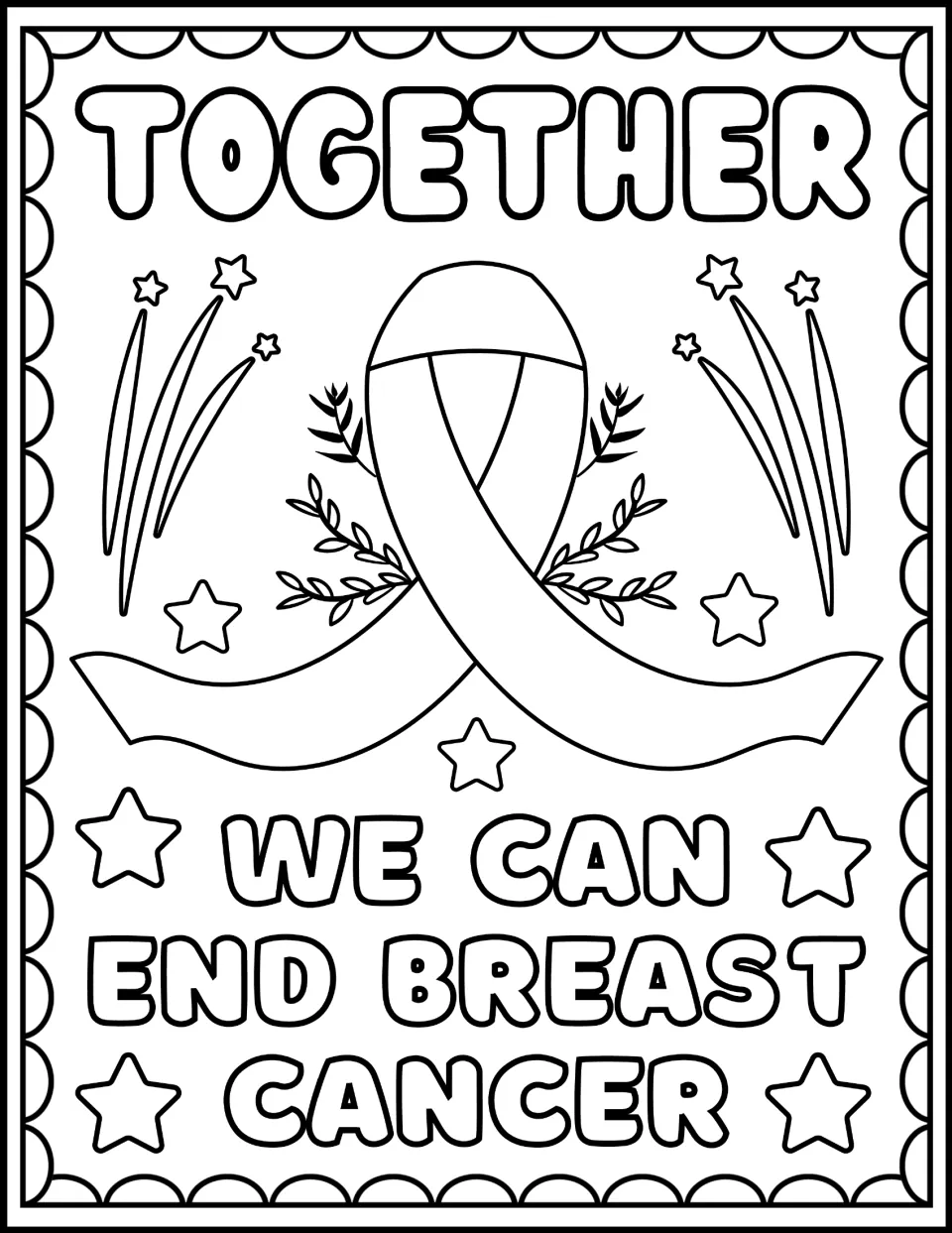 Pink ribbon coloring: students color "Together we can end breast cancer" around a ribbon with leaves and shooting stars