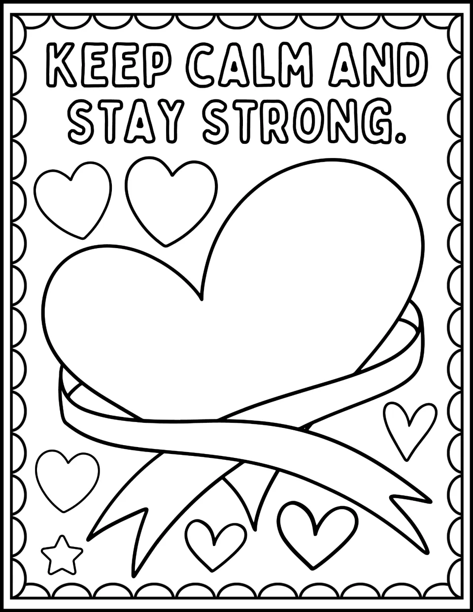 Strength quote coloring: students color "Keep calm and stay strong" on a large heart wrapped in an awareness ribbon